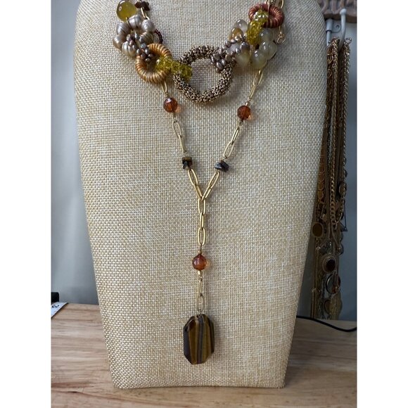 Two Necklaces With Pearls Beads & Tiger Eye Pendant Gold & Amber Tones 16"-18" A - Picture 1 of 11